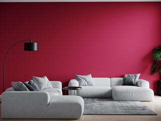 Viva magenta is a trend color year 2023 in the rich luxury livingroom. Painted mockup wall for art - crimson red burgundy colour. Modern lounge room design interior home. Accent carmine. 3d render 