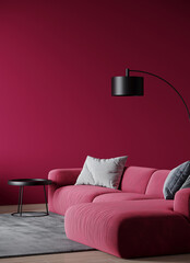 Viva magenta room background. Modern interior design with accent luxury couch and table furniture. Empty wall mockup. Crimson tone deep rich sofa. Minimal interior design living home. 3d render