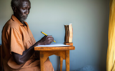 A perfect picture of a portrait of an old african descent person writing a poem - AI Generated