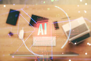 Double exposure of creative artificial Intelligence abbreviation with computer on background....