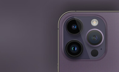 Realistic smartphone camera module. iPhone 14 Pro Deep purple color. Lens shine deep purple color glass effect. High quality details. Smartphone iPhone back mockup vector illustration.