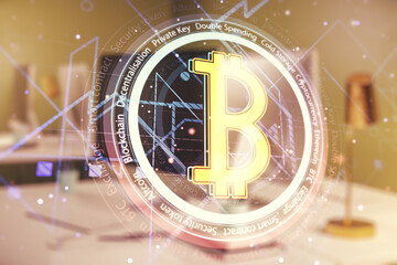 Creative Bitcoin concept with modern laptop background. Multiexposure