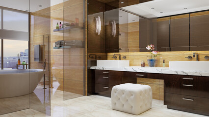 open space of brown bathroom cabinets