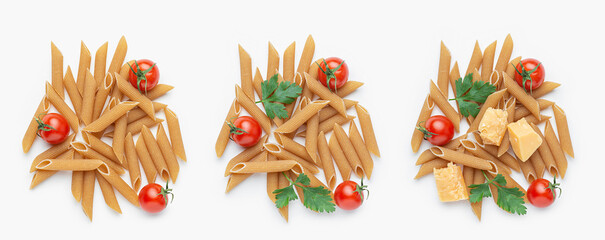 Raw whole grain pasta with tomatoes and parsley on white