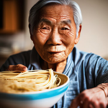 A Perfect Picture Of A Portrait Of An Old Asian Descent Person Making Pasta Dough  - AI Generated