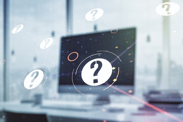 Creative abstract question mark hologram on modern computer background, future technology concept. Multi exposure