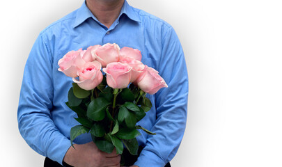 Man's holding a bunch of flowers pink roses on a white background with space for text