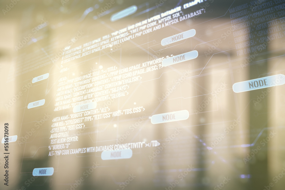 Poster double exposure of abstract programming language interface on empty modern office background, resear