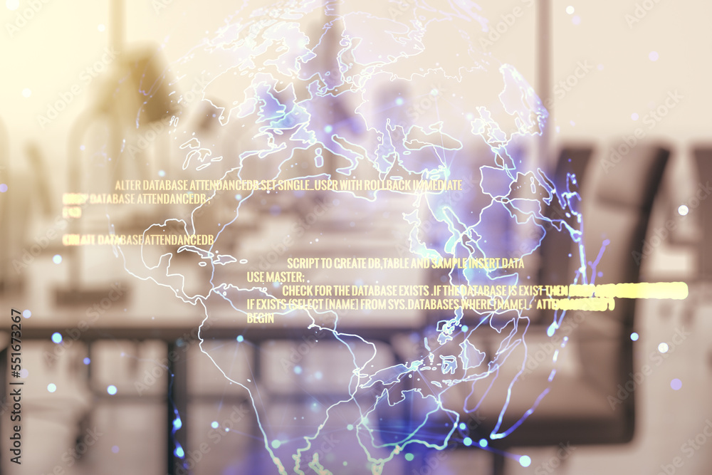 Poster abstract virtual coding concept and world map hologram on a modern furnished office background. mult
