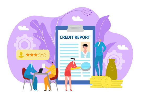 Loan application concept, credit report in bank vector illustration. Form or financial document in bank office showing finance of businessman.