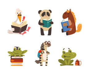 Animals Character with Backpack and Book Engaged in School Education Vector Set