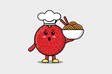 Cute cartoon Lychee chef character holding noodles in bowl flat cartoon style illustration