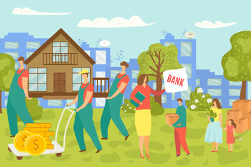 Loss of property, family sells and moves house, uncertainty in real estate housing market concept, vector illustration. Fall and crisis in finance.
