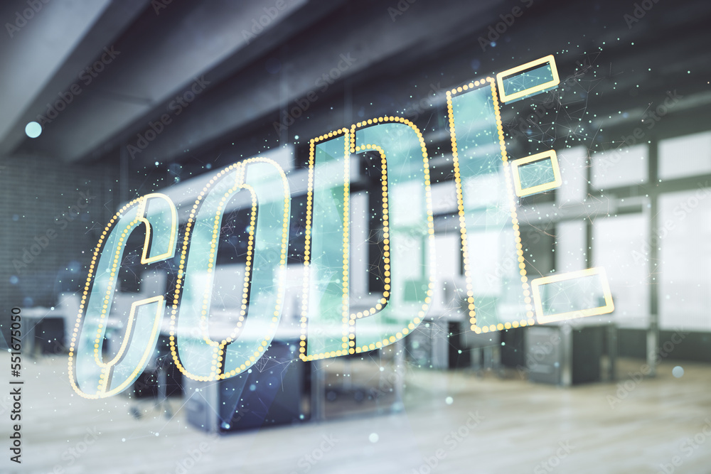 Aufkleber Code word hologram on modern corporate office background, artificial intelligence and neural networks concept. Multiexposure