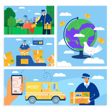 Mail delivery service banners express postal courier man in front of cargo van delivering package, vector illustration.