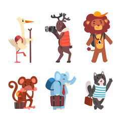 Cute Animals Tourist or Travellers with Trunk, Camera and Backpack Hiking Vector Set