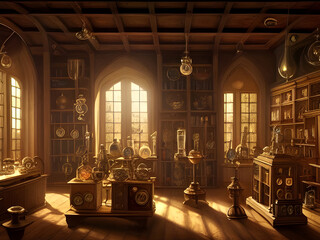 ancient chemists laboratory with mysterious objects and experiments with atmospheric sunlight shining though dusty windows. generative ai illustration.