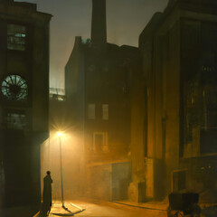 Solitary figure stood in lamplight in the Whitechapel area of London in the 19th century. Romantic Dickensian, atmospheric painting, generative ai illustration