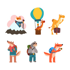 Cute Animals Tourist or Travellers with Trunk, Camera and Backpack Hiking Vector Set