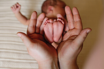 Cute baby legs in the hands of the father on a beige background.