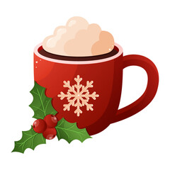Christmas mug of cocoa with cream and holly. Design for Christmas and New Year card, poster, banner, postcard, print. Vector illustration.