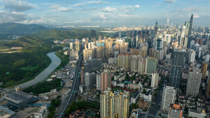 Shenzhen ,China - Circa 2022: Aerial view of landsccape in Shenzhen city, China
