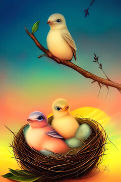 cute little baby birds in nest  with eggs, illustration, digital matte painting, generative ai