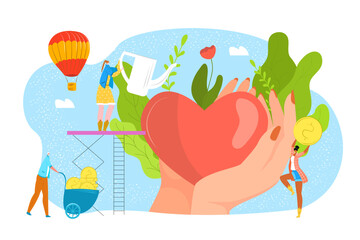 Donate blood, charity, philantrophy concept for donor day, help and save life vector illustration. Heart in loving hands, donation and money.