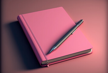 Pink notebook with a pen on the cover. Generative AI
