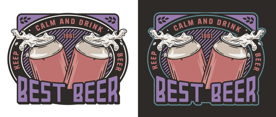 Brewery logo with metal can and splashes foam for label or print. Brew emblem or craft beer logo with aluminium tin and froth for bar, pub or brewery shop