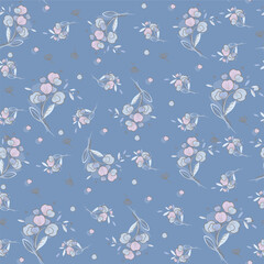 vector pattern, delicate stylized bouquets, on a cornflower blue background, for women's clothing in retro style