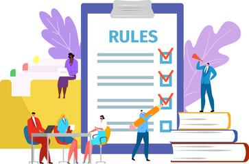 Rules in office rules notes vector illustration. Legal law corporate regulation. Businessman compliance and policy management.