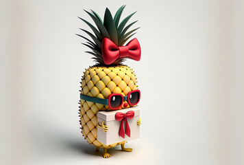 On a white backdrop, a cute cartoon hipster pineapple figure mascot holds a gift box with a red ribbon.. Generative AI