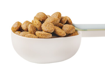 Dry food in a spoon isolated on white. Balanced nutrition for animals.