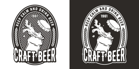 Obraz premium Beer bottle with metal cap and foam for label or print. Brew monochrome emblem or craft beer logo with froth and cork for bar, pub or brewery shop