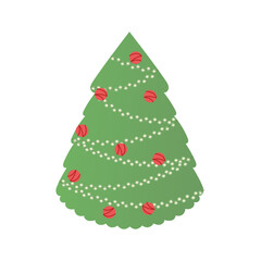 Vector green christmas tree with decorations. Decor for Christmas and New Year. Festive vector illustration in flat cartoon style. Illustration with Christmas tree and berries, winter plant