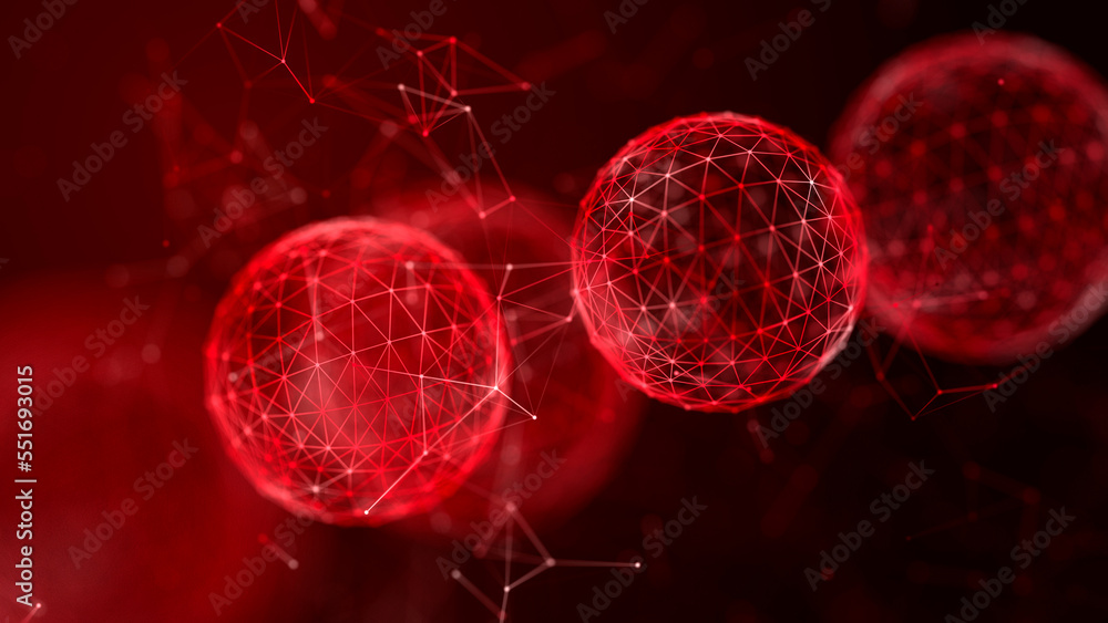 Poster Abstract spheres with connected dots and lines. Illustration with elements of viruses, bacteria on a dark background. 3d