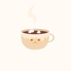 A small cup of cappuccino coffee with steam and marshmallows. Decor for Christmas and New Year for stickers and web. Festive vector illustration in flat cartoon style