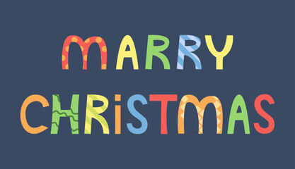 Unique lettering "Merry Christmas" with exclusive design and decor elements, colored letters. Decor for Christmas and New Year for stickers and web. Festive vector illustration in flat cartoon style.