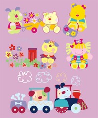 Set of illustrations of pets, animals, background with drawings of animals, bear, lion, garden, train, girl,
