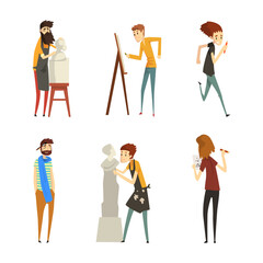 Creative Man Engaged in Handicraft Drawing and Making Sculpture Vector Set