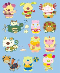 Set of illustrations of pets, animals, background with drawings of animals, bear, lion, airplane, turtle, giraffe, girl, dog, 