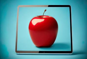 Near the digital tablet with a blank screen and a blue background is a whole red apple.. Generative AI