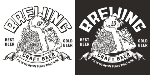 Obraz premium Beer emblem with skull and hop bag. Skeleton with hop in bone hands for brewery or bar. Craft beer vector logo for monochrome design label of pub and beer store