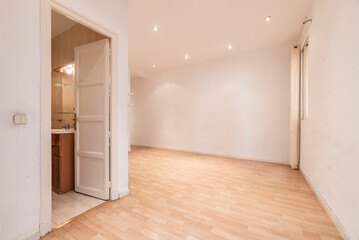 An empty room with access to a toilet with a white painted solid wood door and laminated flooring