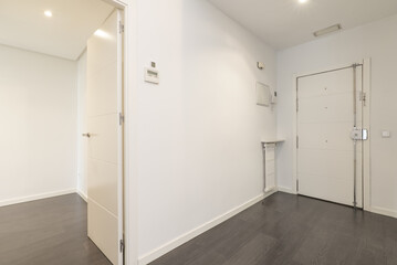 Entrance hall of a house with white lacquered wood door carpentry to match the baseboards and smooth walls