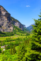 Fototapeta na wymiar View of Lauterbrunnen Valley in Bernese Oberland, Switzerland. Switzerland nature and travel. Alpine scenery