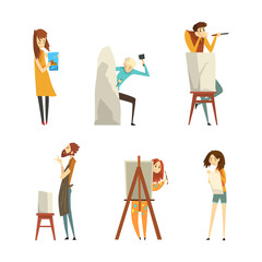 Creative Man and Woman Engaged in Handicraft Drawing and Making Sculpture Vector Set