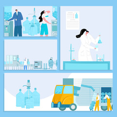 Obraz na płótnie Canvas Water delivery and purification process vector illustration banners set. Testing and packaging bottles for drink. Water industry.