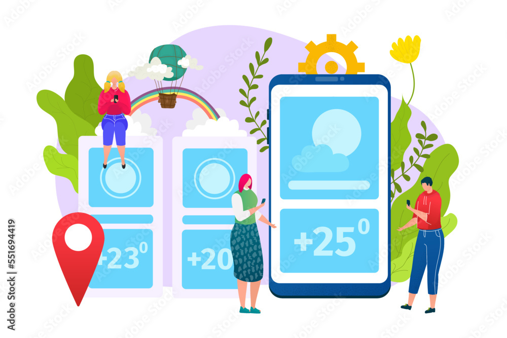 Poster weather app design, forecast web widgets application template, vector illustration. mobile interface